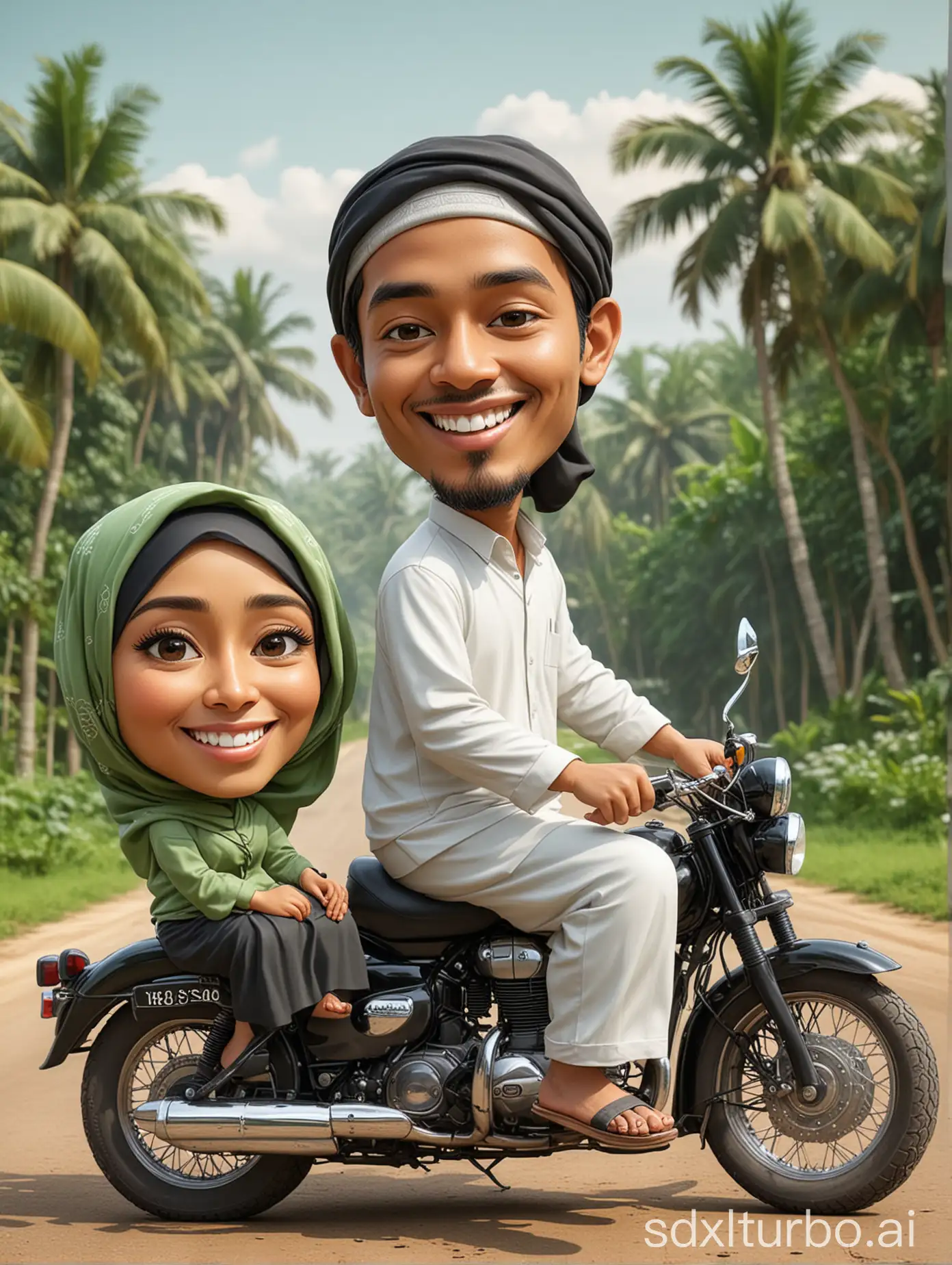 Indonesian-Muslim-Couple-on-Antique-Motorbike-with-Happy-Anywhere-Background