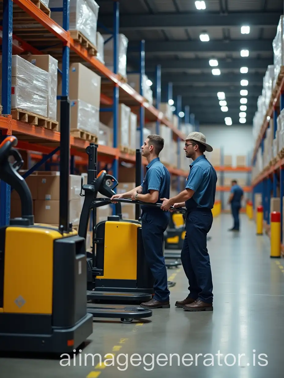 Staff in a logistics warehouse with pallet jacks