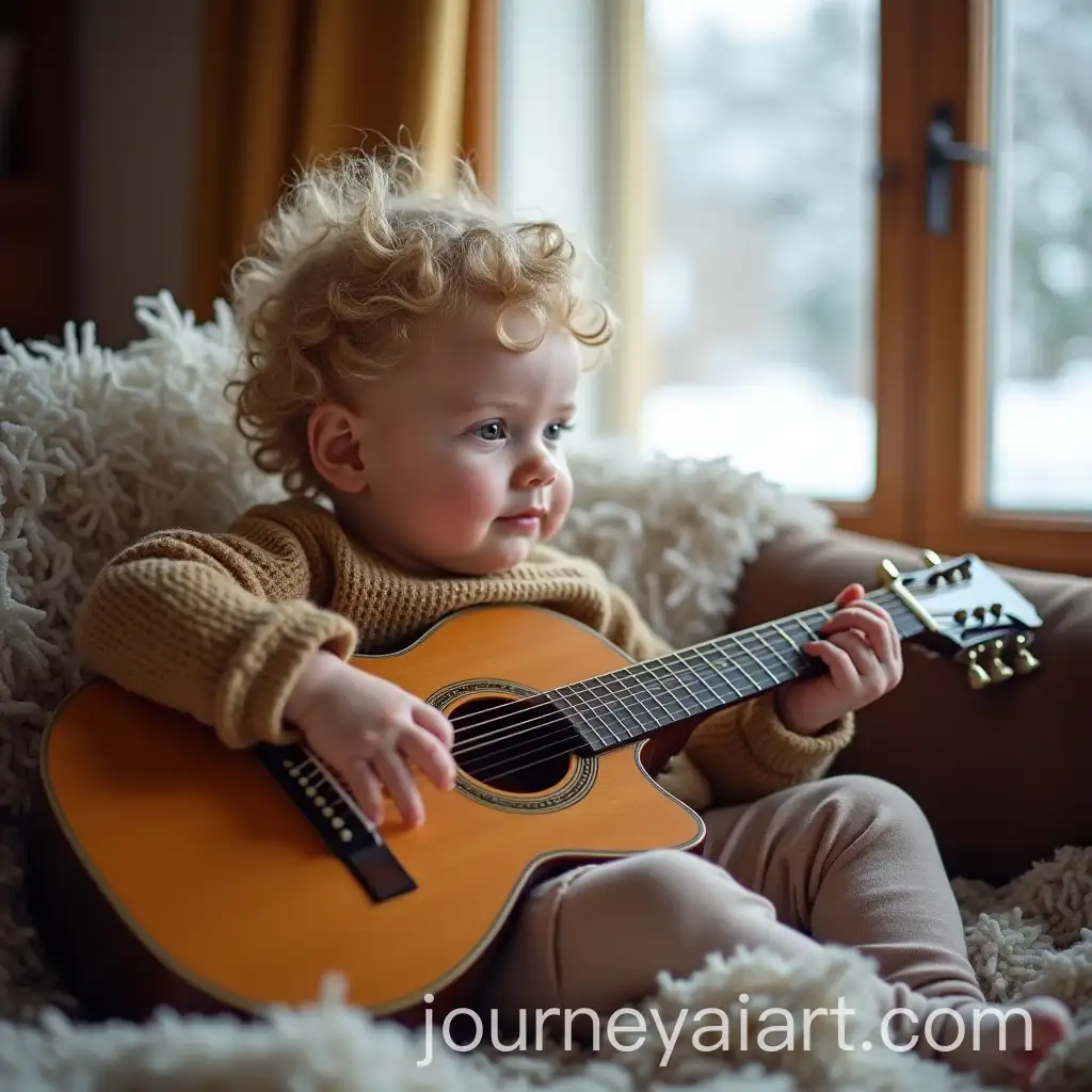 Baby-with-Curly-Blonde-Hair-Playing-Guitar-in-a-Cozy-Snowy-Room