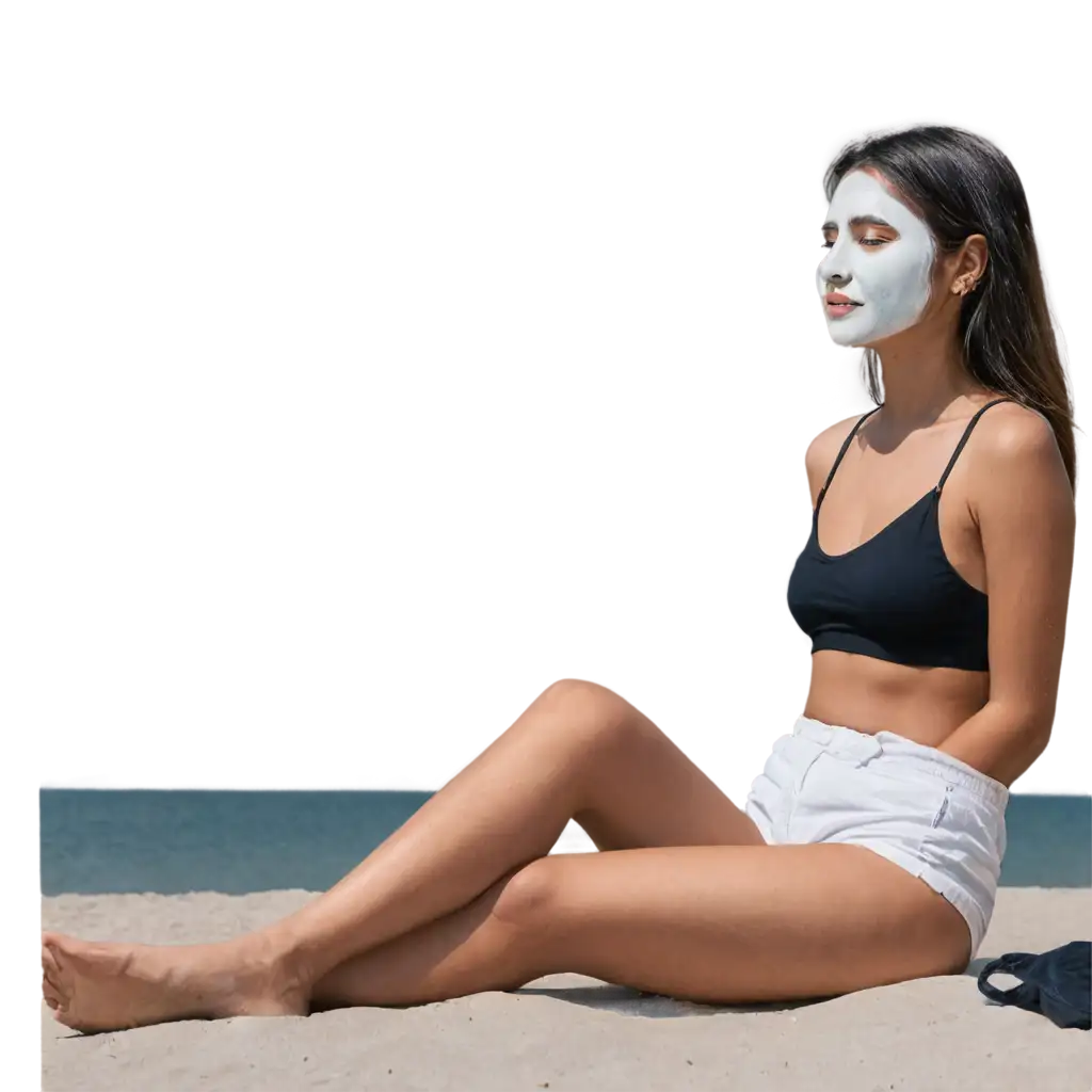 Relaxed-Girl-at-Beach-with-Face-Pack-PNG-Image-Serene-Beauty-and-Skincare-Relaxation