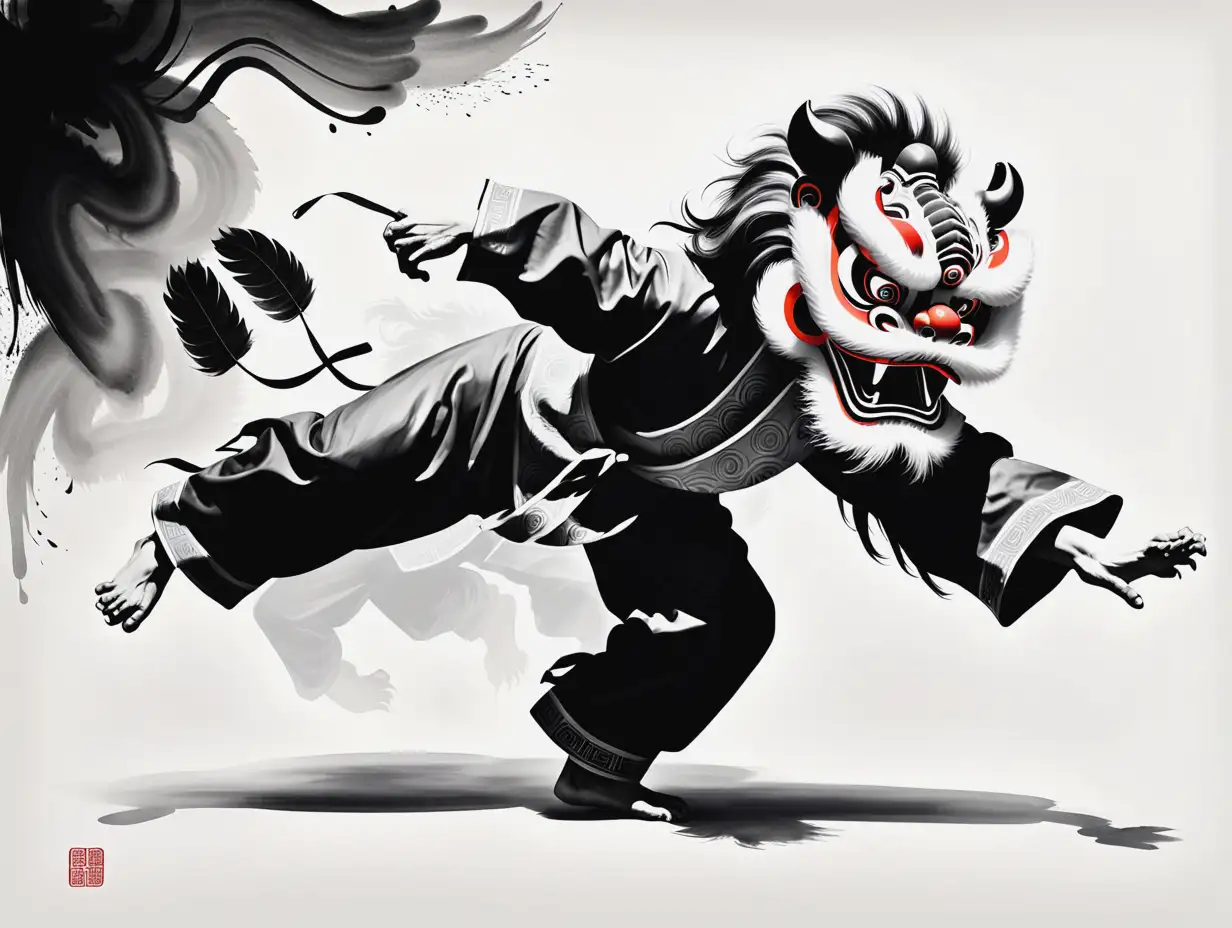 Chinese-Lion-Dance-in-Traditional-Ink-Painting-Style