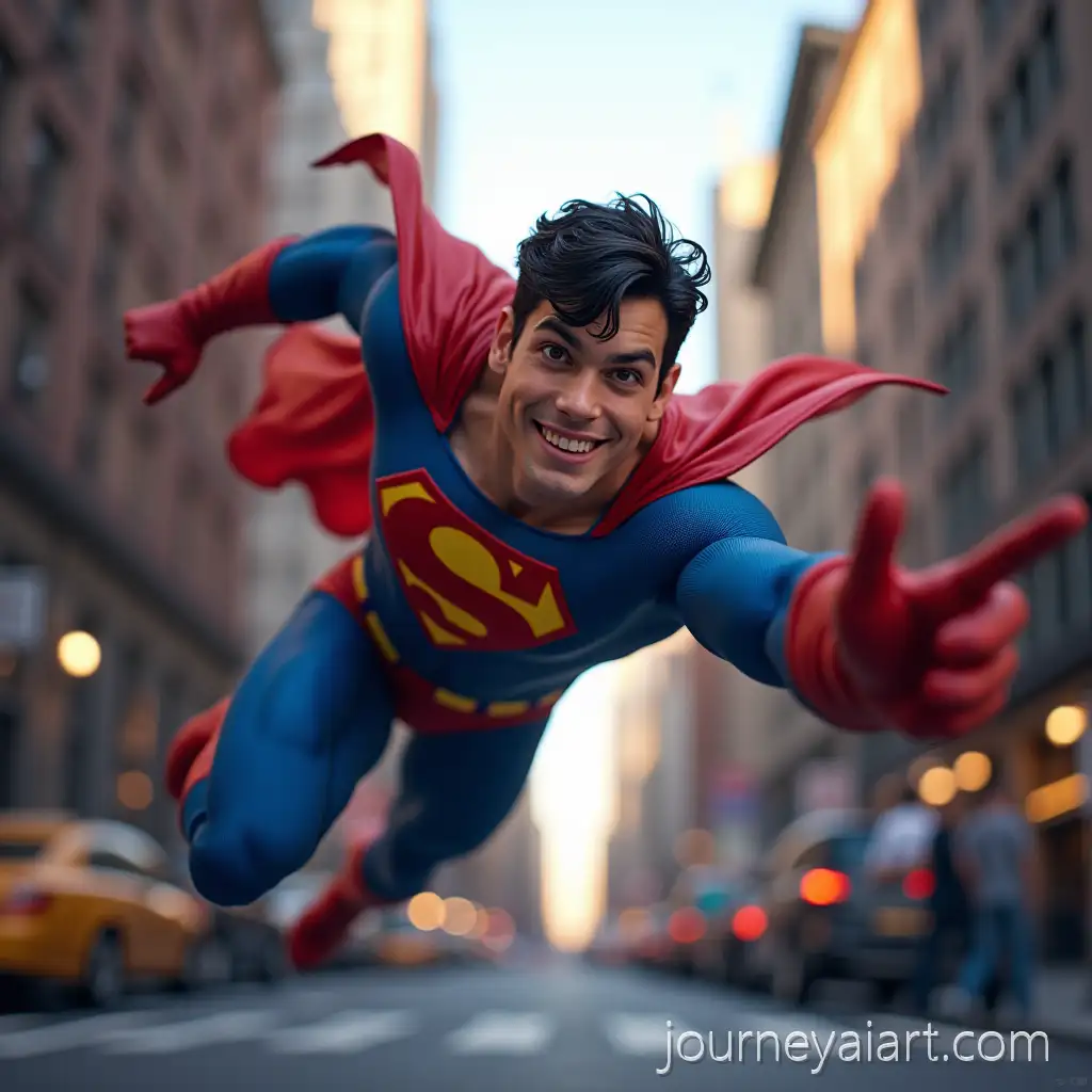 Superhero-Flying-Through-New-York-Streets-in-Vibrant-Blue-Red-and-Yellow-Suit