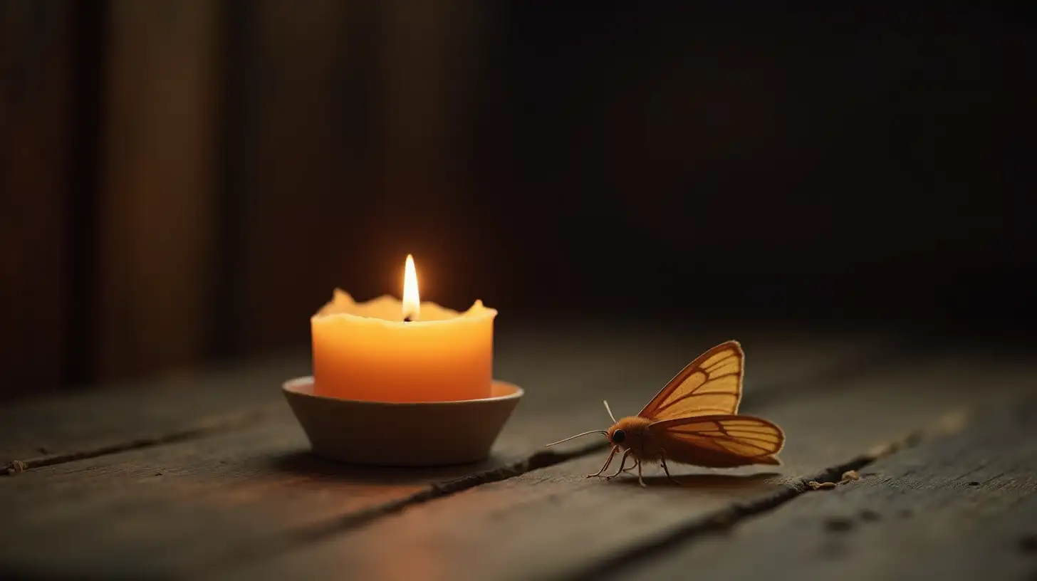 Moth Fluttering Near Candle on Old Wooden Table