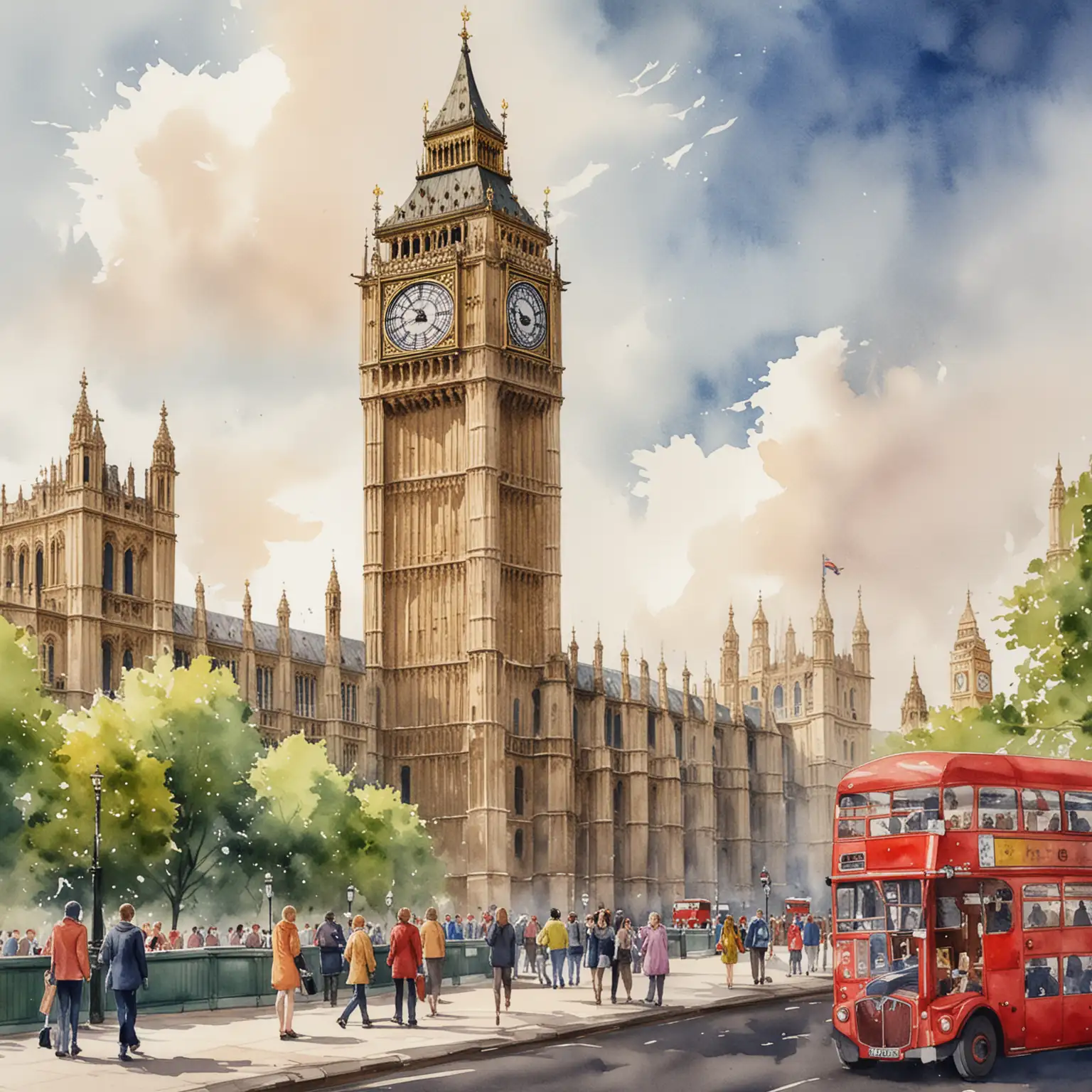 Traditional Afternoon Tea with Big Ben Watercolor Illustration