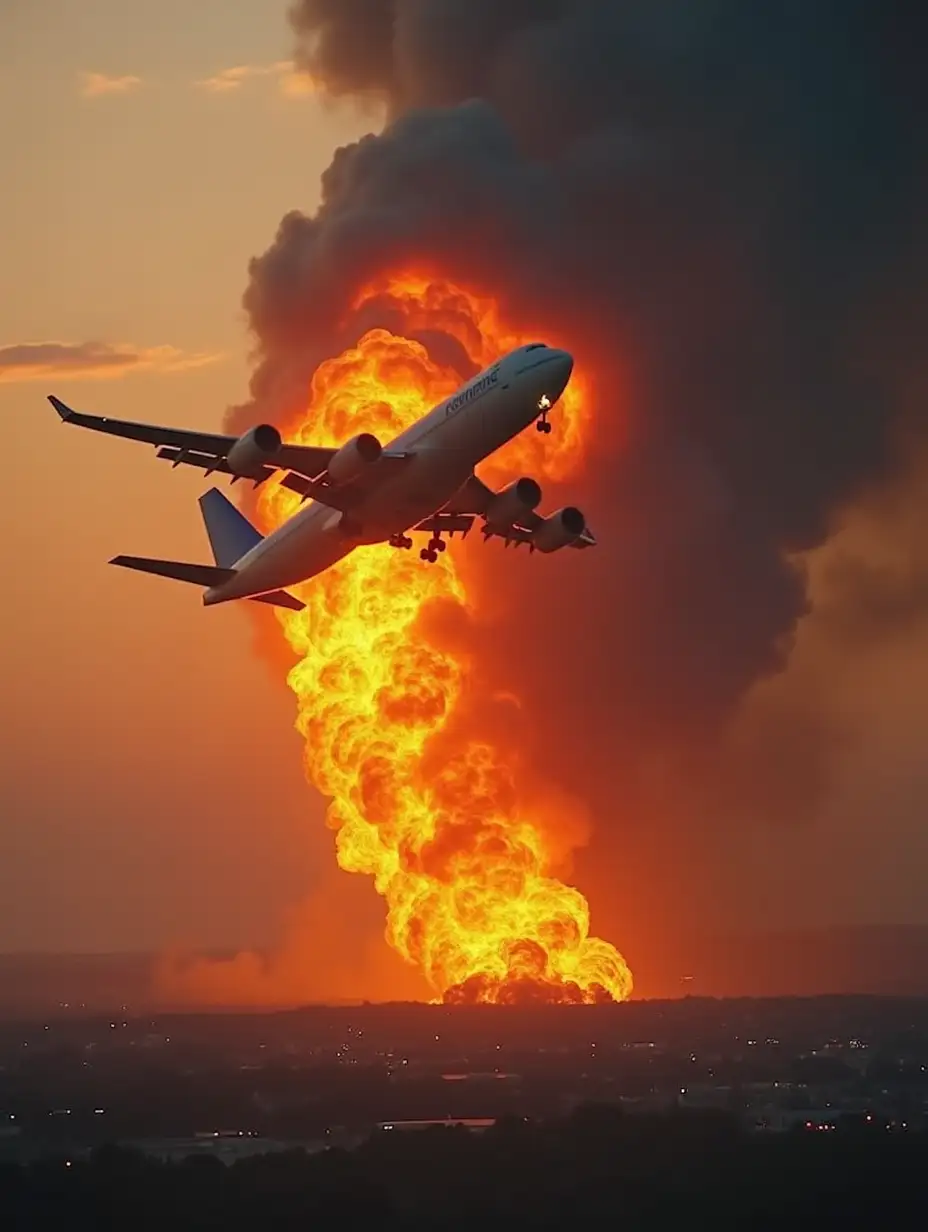 a giant airplane falling and catching fire