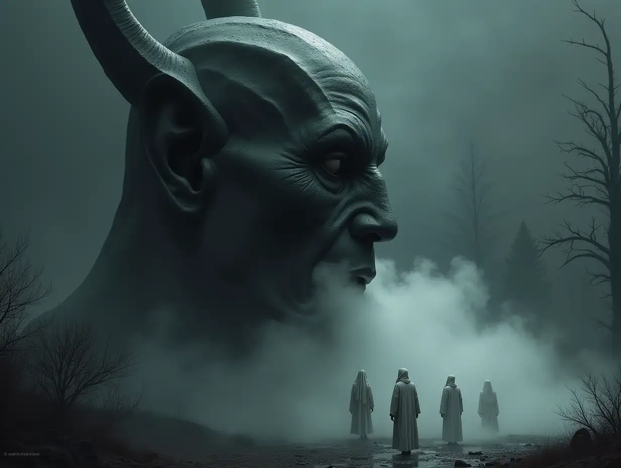 Realistic-Demon-Head-with-Fog-and-Mysterious-Figures-in-White-Robes