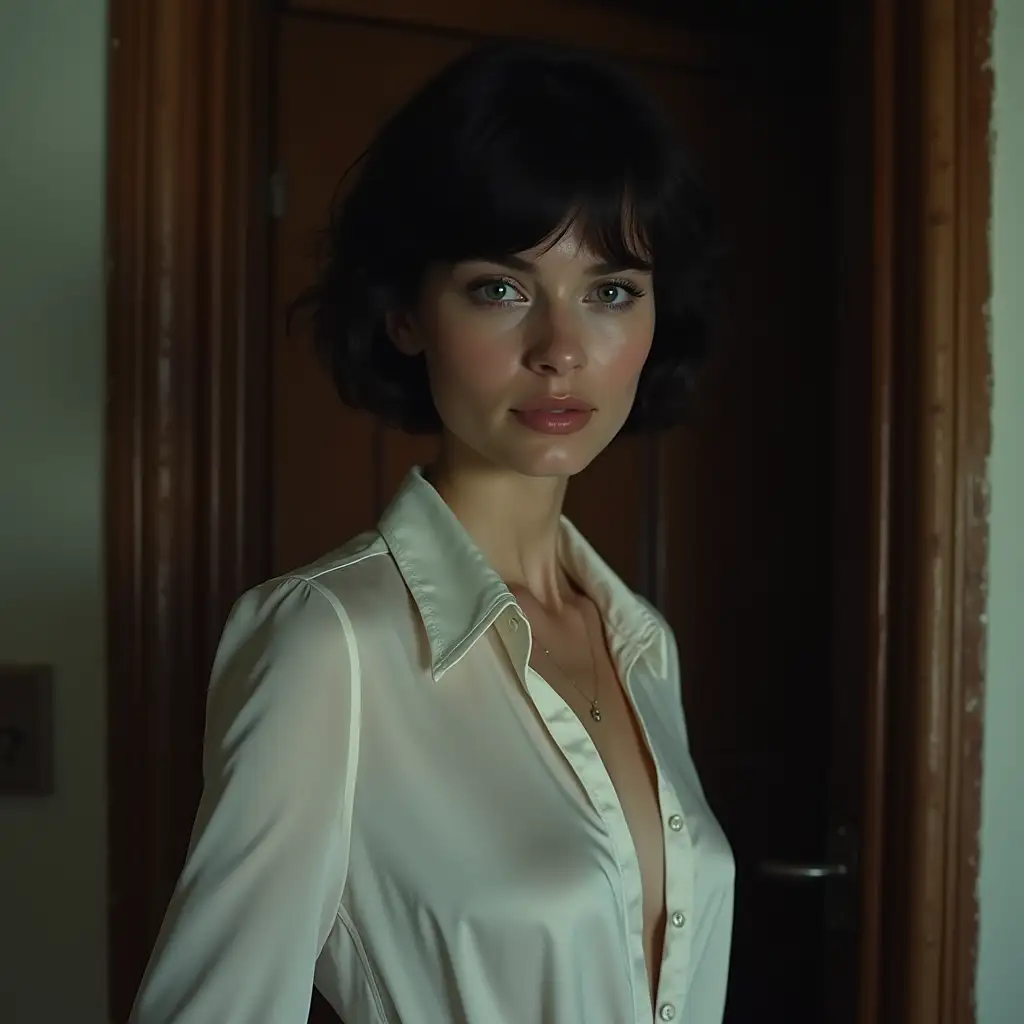 beautiful european girl 22 years old with short black hair and green eyes, flawless skin, shiny lips, nina dobrev, dressed in a beautiful white silk shirt short jacket and blue jeans, stands against the background of the front door of a russian apartment, a slight smile, looking at the viewer, which adds anticipation and tension to this cinematic picture, illuminated by soft, diffused light, this image conveys all the depth and atmosphere of the scene! The main focus is on the face, 1:1