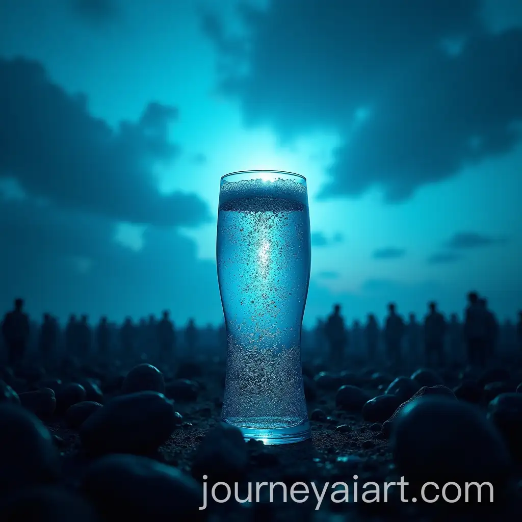 Dramatic-Advertisement-Featuring-a-Glass-of-Water-and-a-Massive-Crowd-Emphasizing-Sustainability