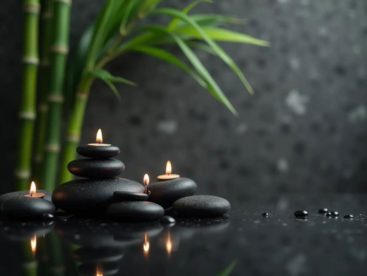 A peaceful and calming Zen-inspired setting featuring smooth black stones arranged in a balanced composition. Soft candlelight from three small, glowing candles adds warmth to the atmosphere. In the background, tall bamboo stalks with vibrant green leaves gently arch over the scene, casting delicate shadows on the textured gray stone wall. The dark, reflective surface beneath the stones and candles enhances the serene ambiance, creating a perfect blend of nature and tranquility. The overall mood exudes relaxation, meditation, and harmony, ideal for a spa or wellness concept