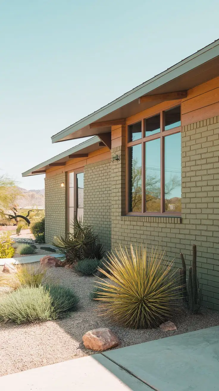 A stylish, slightly elevated, daytime exterior view of a mid-century modern brick ranch revival. The brick is painted in a cool, muted olive green tone. Horizontal cedar wood siding accents the facade. Large windows with clean lines and minimal frames are prominent. A low-slung profile and a hint of a butterfly roof suggest mid-century design. Minimalist landscaping with architectural plants like succulents and grasses.  Bright, sunny day, clear blue sky, desert landscape backdrop.  Sleek, detailed, mid-century modern home photography, 8k --ar 16:9 --zoom 1.3