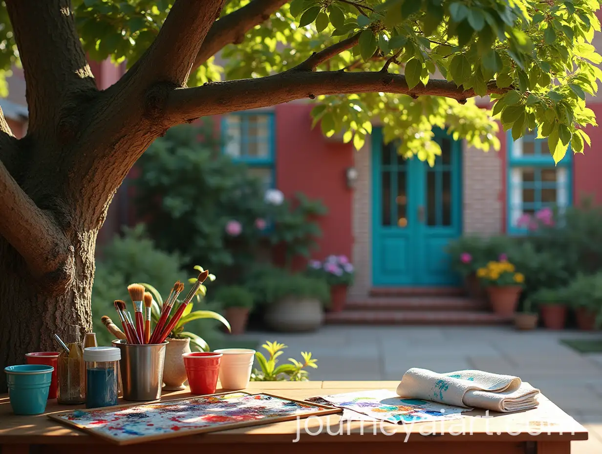 Vibrant-Garden-Courtyard-with-Tree-and-Painting-Supplies