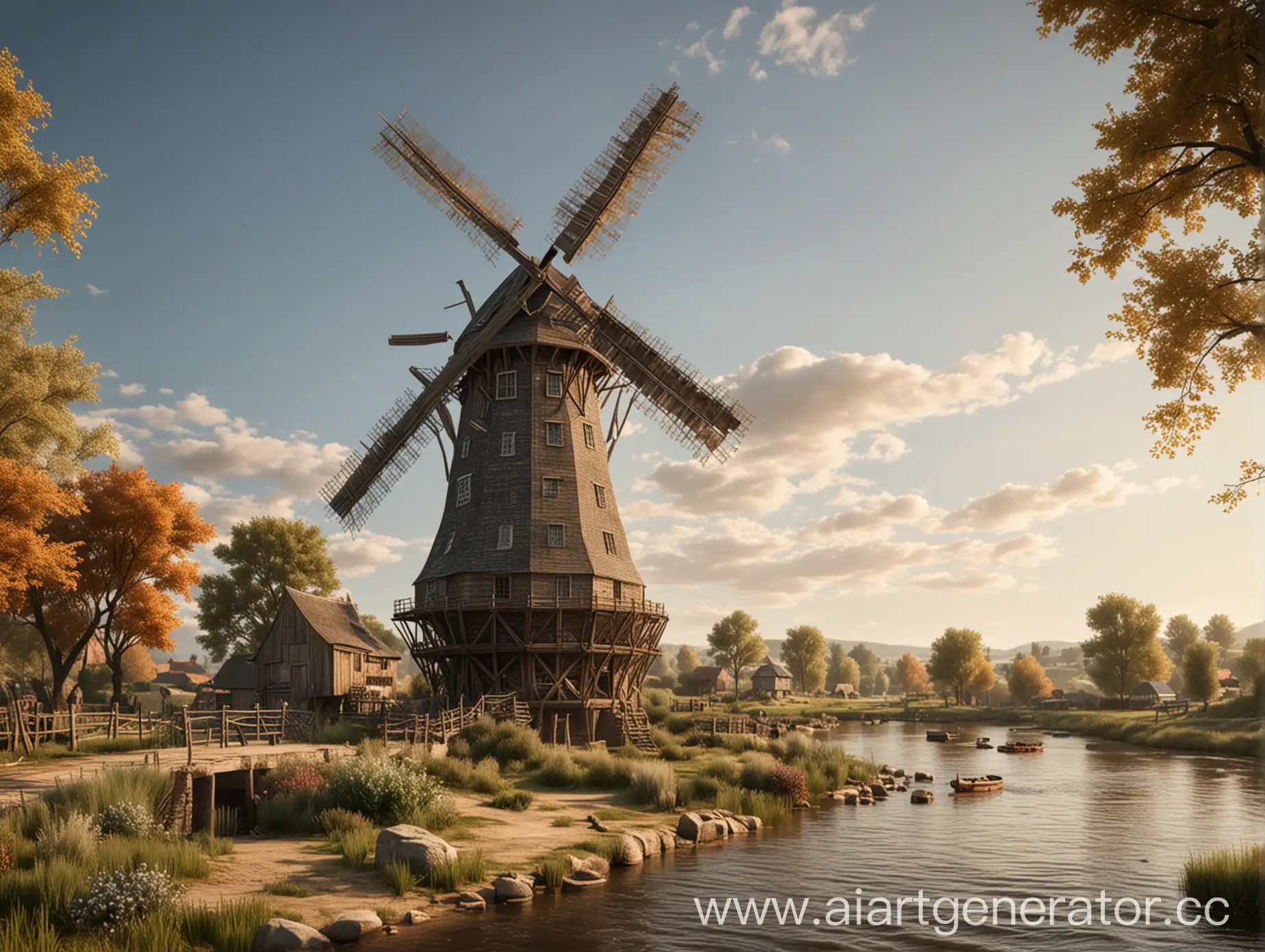 Detailed-Wooden-Windmill-by-the-River-Bank