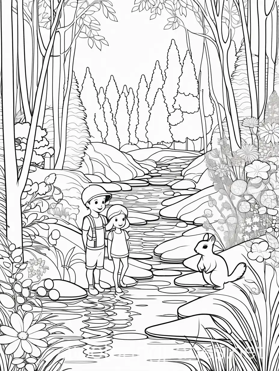 boy and girl in a forest with a stream, small squirrel, a fawn, flowers, and a bird, Coloring Page, black and white, line art, white background, Simplicity, Ample White Space. The background of the coloring page is plain white to make it easy for young children to color within the lines. The outlines of all the subjects are easy to distinguish, making it simple for kids to color without too much difficulty