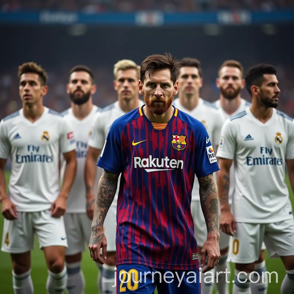 Messi-in-Barcelona-Shirt-Surrounded-by-Real-Madrid-Players-on-the-Field