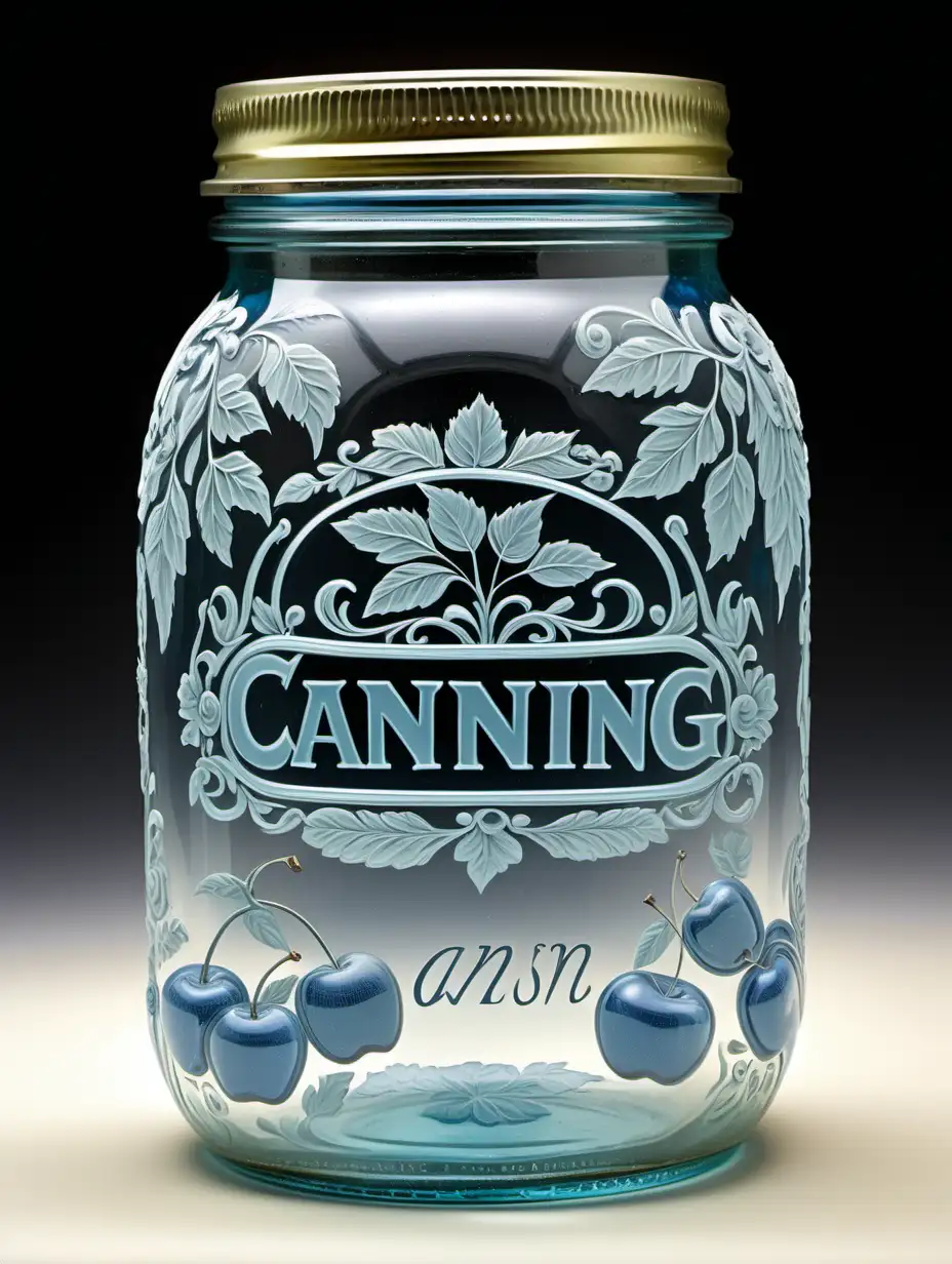 Antique Canning Jar with Fruits and Vegetables in Transparent Blue Glass