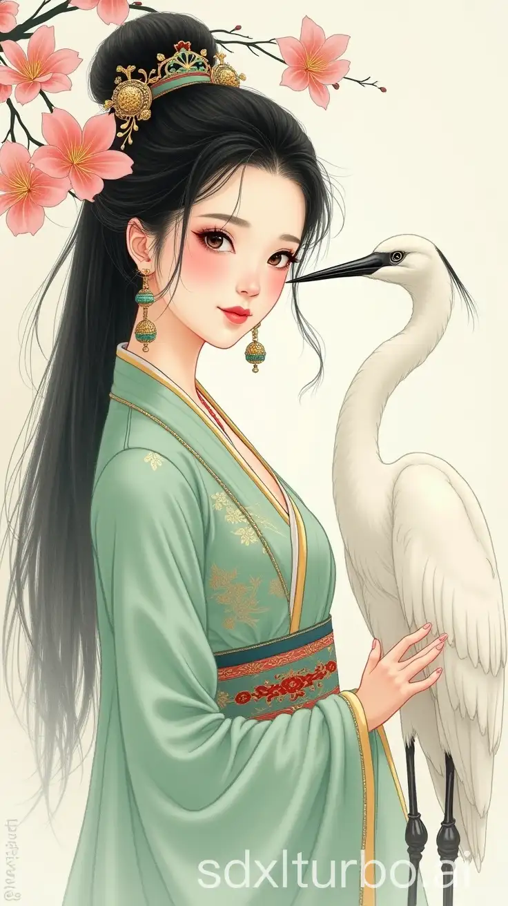 A piece in the style of traditional Chinese ink wash painting, depicting a Chinese beauty dressed in traditional attire, facing the viewer with her long hair gently cascading near a white egret. She has captivating large eyes, an oval face, cherry lips, and an enchanting visage. The painting closely shows her wearing traditional Chinese long earrings. The artwork should also include elements of flowers and birds, presented in the style of traditional Chinese ink wash painting, with appropriate negative space, and colors primarily in green and pink, creating an atmosphere of classical elegance.