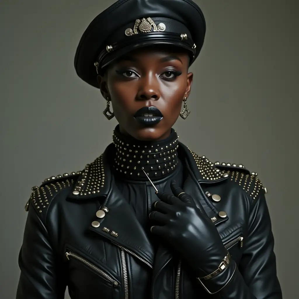 Danai-Gurira-in-Black-Leather-Studded-Accessories-with-Shaved-Head-and-Military-Hat