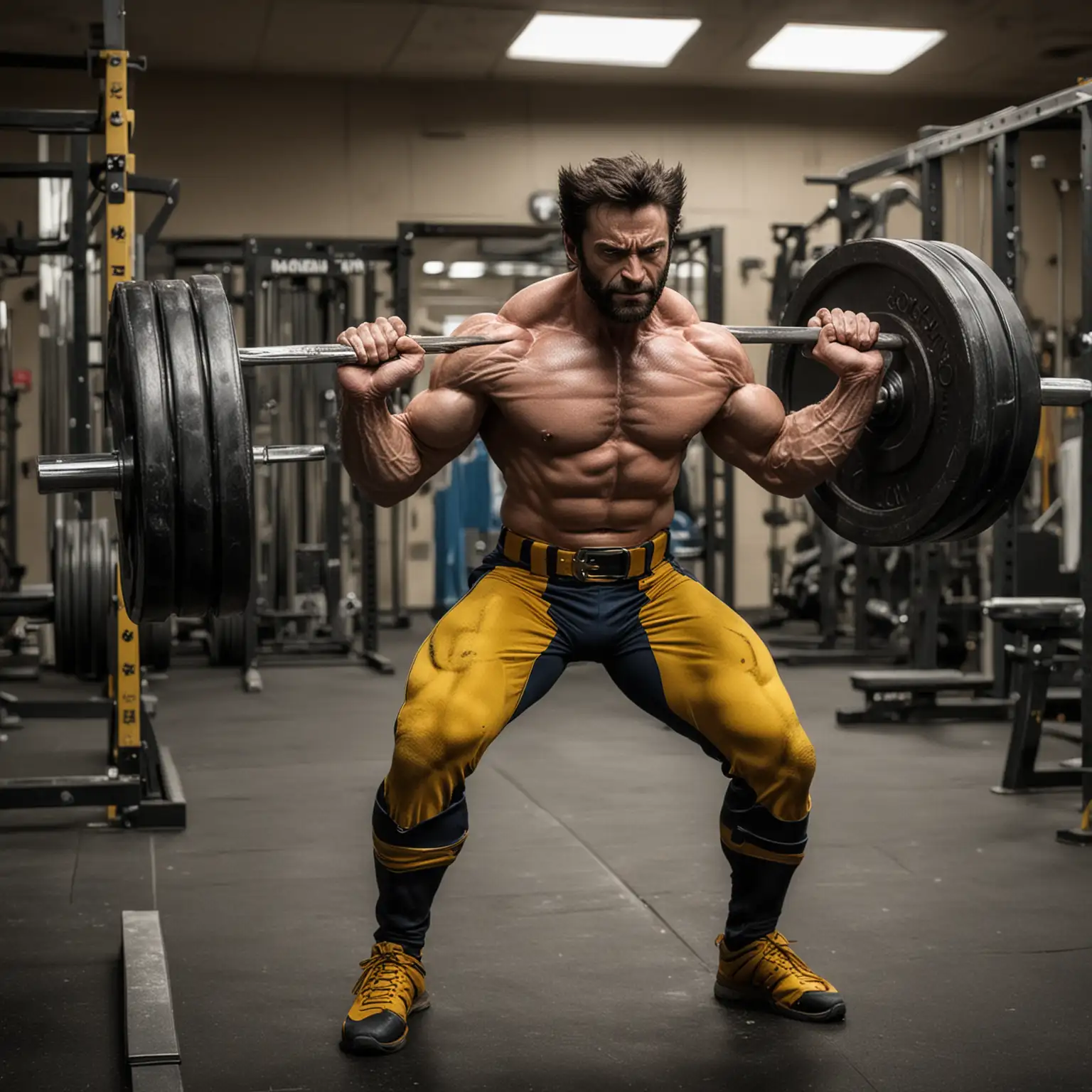 Wolverine super hero, working out in the gym with a barbell