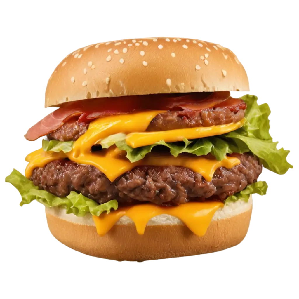 Delicious-Double-Meat-Hamburger-with-Lettuce-Tomato-Cheddar-Cheese-Bacon-and-Sauces-PNG