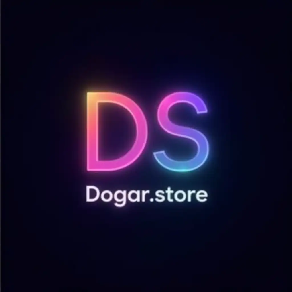 Create a logo design with a neon gradient effect, featuring the letters 'DS' in a bold and modern style. The letters have a multicolor glow, transitioning smoothly through shades of pink, purple, blue, and green. Below the logo, include the text 'Dogar.store' in a sleek, white, and minimalistic font, replacing the previous text. The background should remain dark and subtle, emphasizing the vibrant neon colors of the logo.