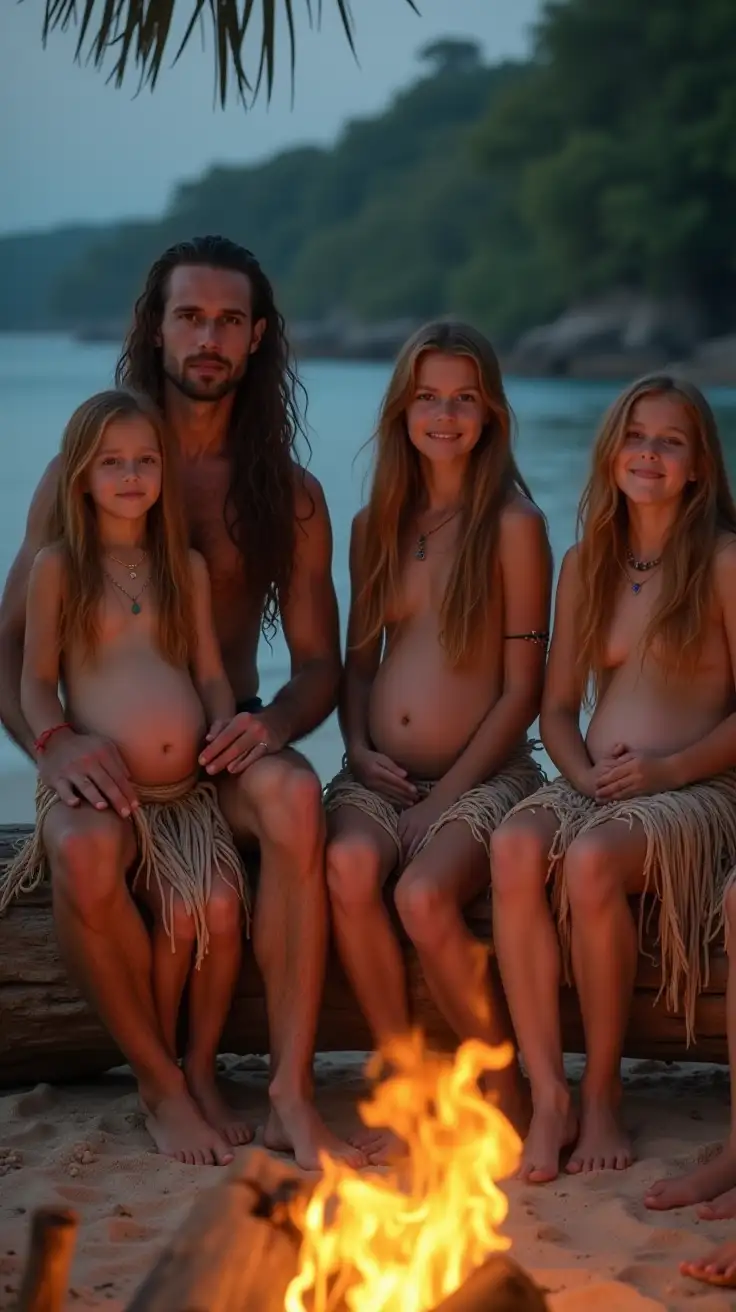 a family of castaway, father mother and several preteen daughters, sit on logs around a bonfire on a beach. Each girl has long copper hair and is wearing a grass skirt, showing off a pregnant belly. 