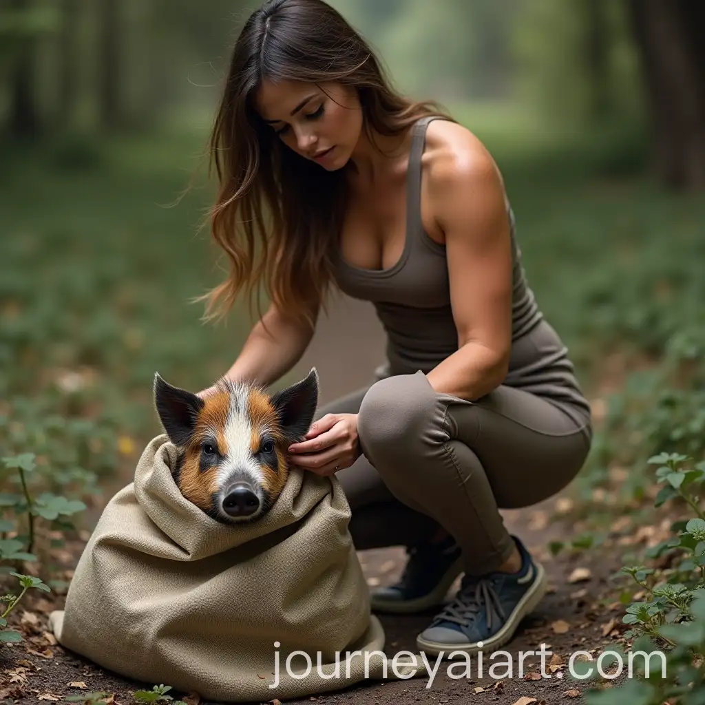 Woman-Wrangling-Wild-Pig-into-Cloth-Sack