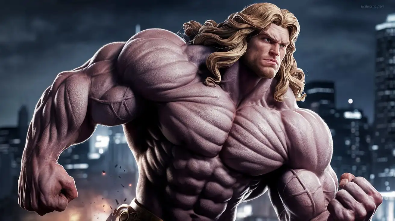 Powerfully muscled, Hugely ripped, super pumped, Herculean superhero with long blond hair uses awesome godlike superpowers to fight the forces of evil in a city at night. 24 years old. Photorealistic.