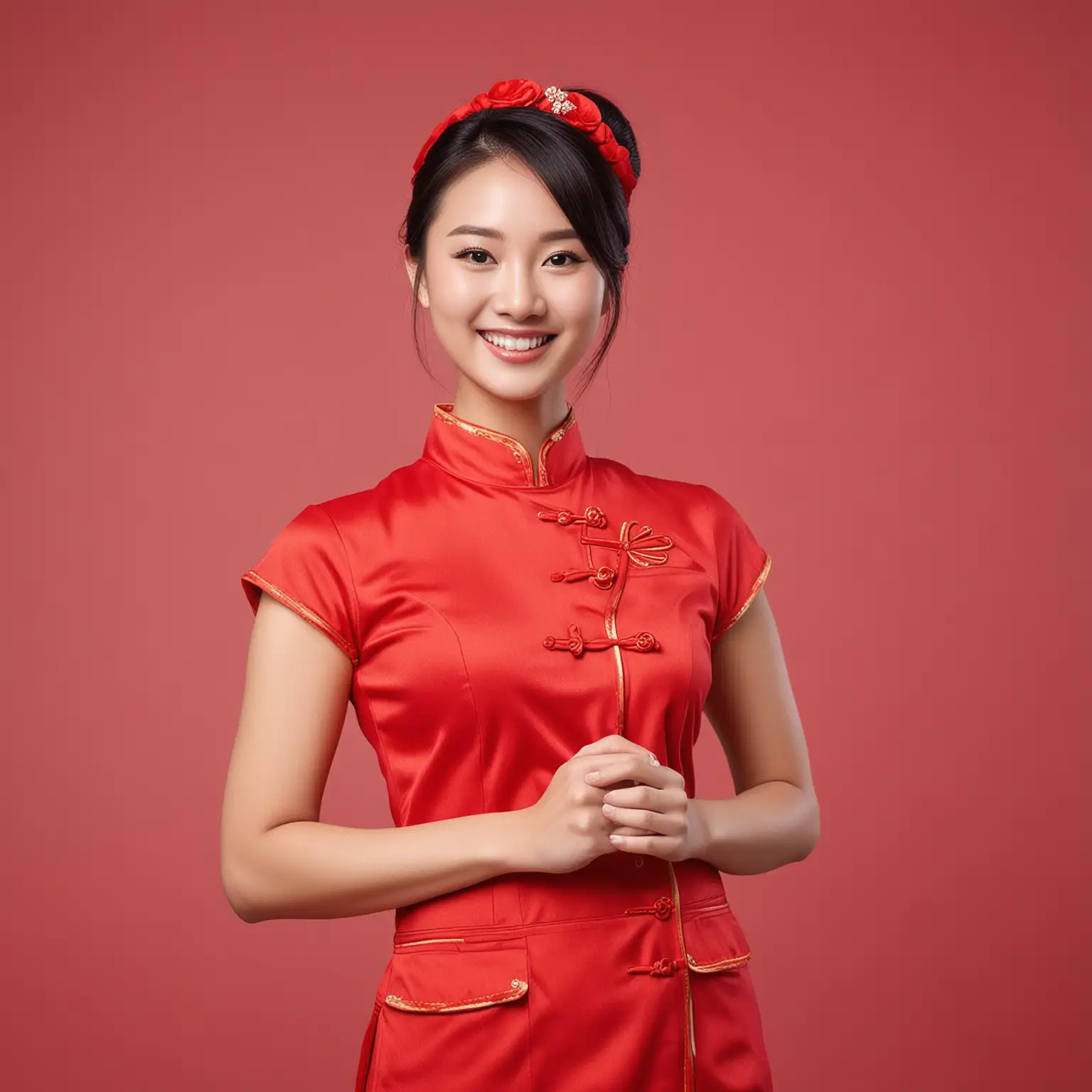 Generate a Chinese hostess, red color scheme, cheerful and confident, smiling full of vitality with an exaggerated head and body proportion: image aspect ratio 4:9