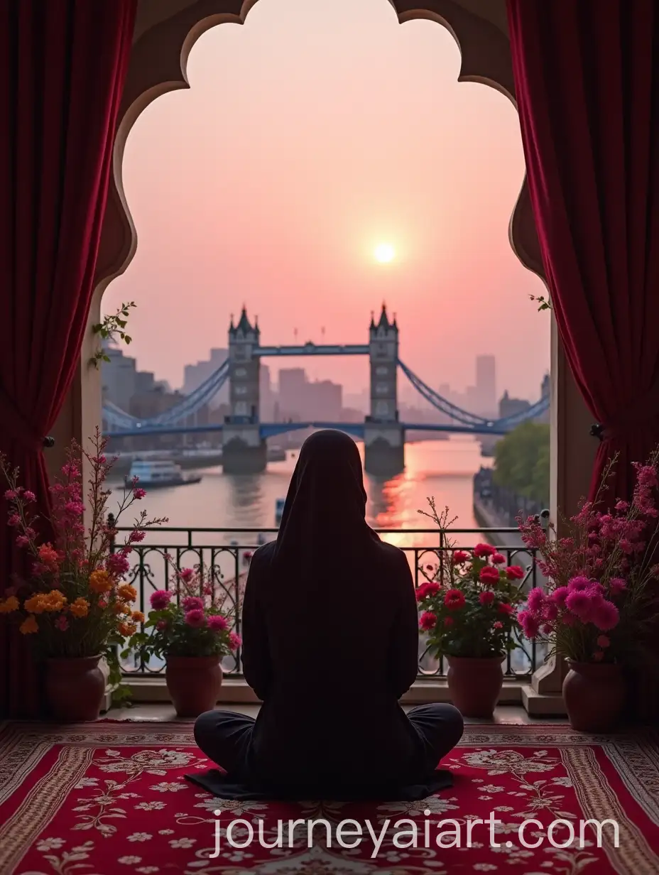 Muslim-Woman-Praying-on-Luxurious-Balcony-with-London-Bridge-View-at-Pink-Sunset