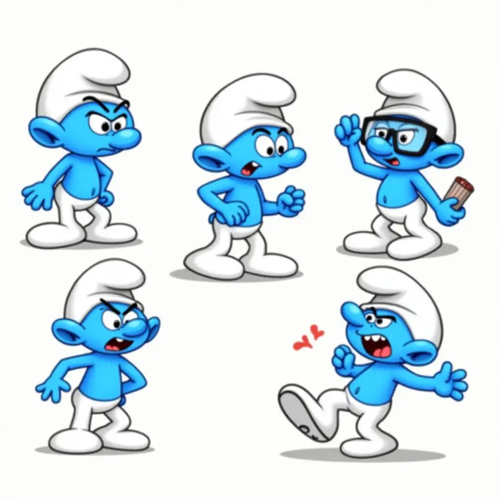 Five-Blue-Male-Smurfs-in-Action-with-Unique-Expressions-and-Attributes