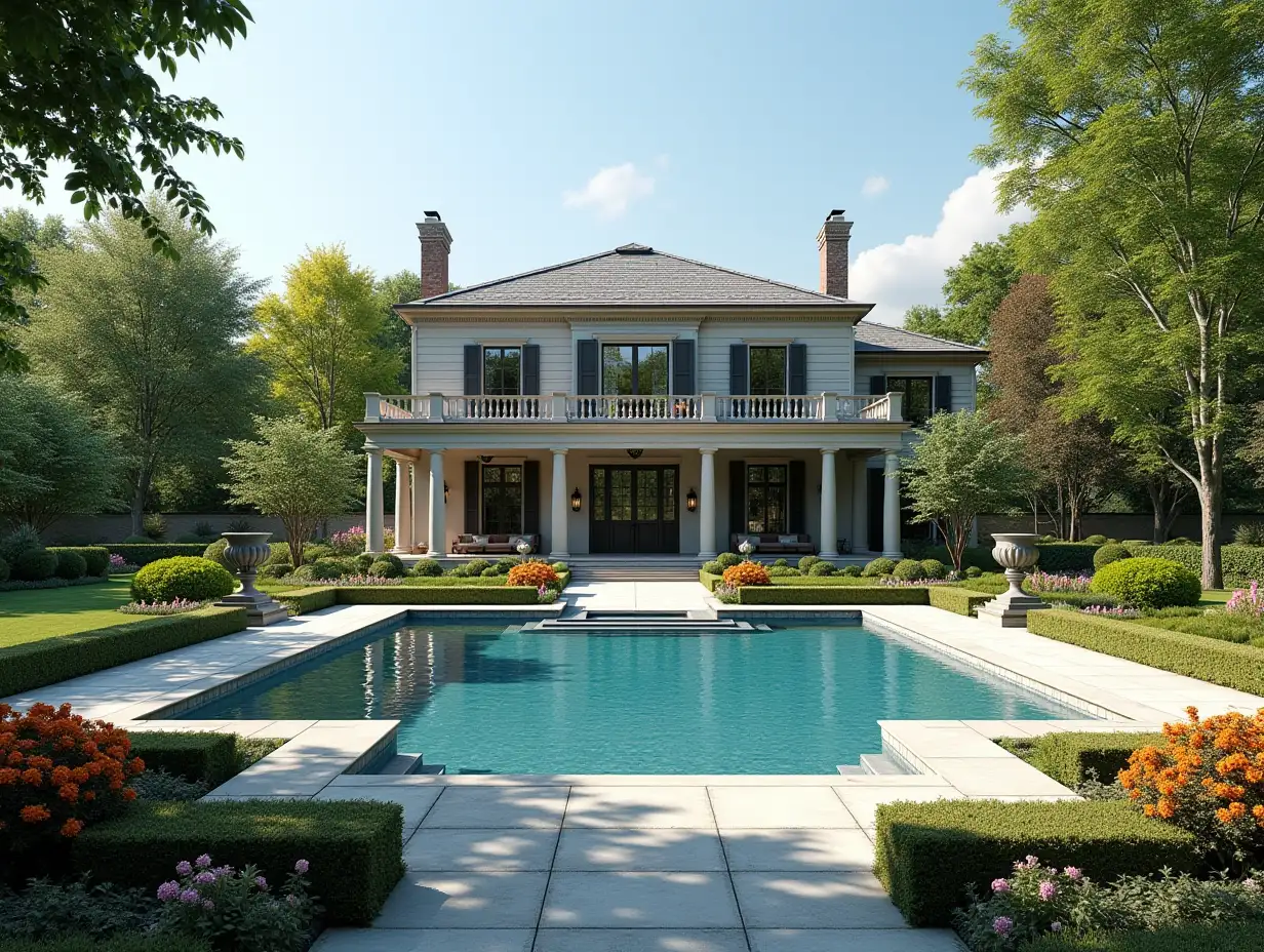 Photorealistic image a house with a large garden and pool with a large house, colorful bushes and statues.