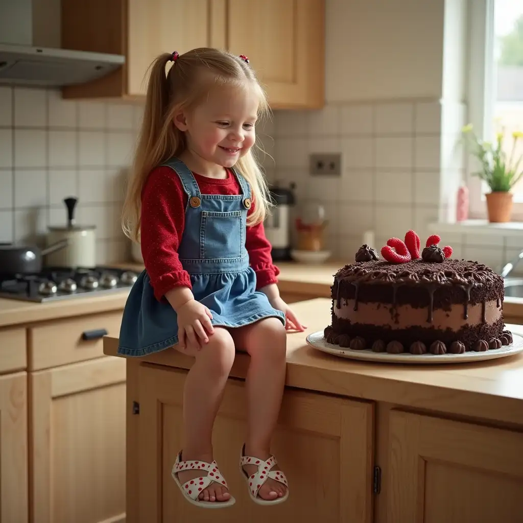 Little-Girl-Tasting-Chocolate-Cake-on-Kitchen-Counter