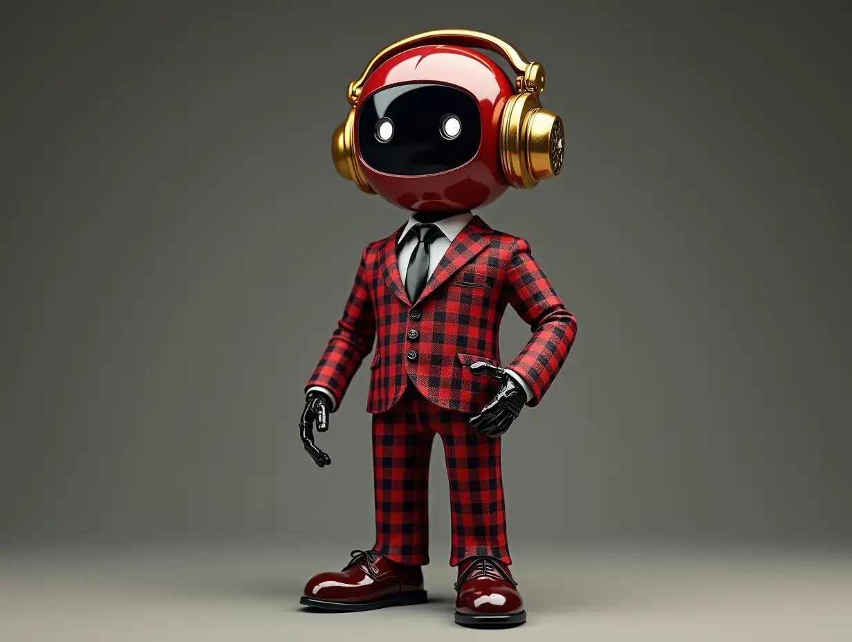 Create a high-resolution, realistic image of a robot with square eyes, gold headphones of a fashionable red and black checked suit, patent leather shoes and strike a pose in 4K resolution.