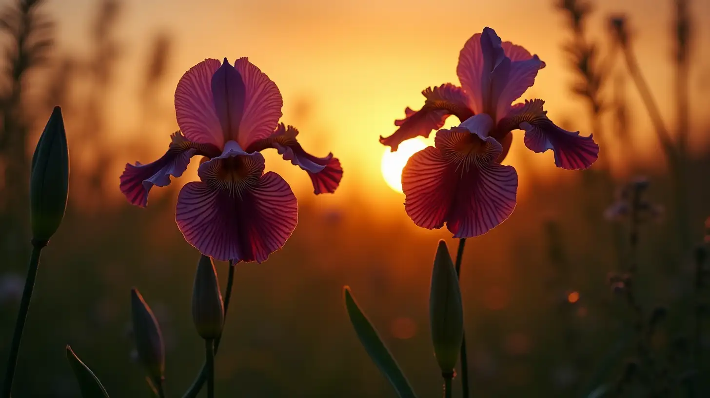 Two Black Orchids in a Neglected Garden at Sunset