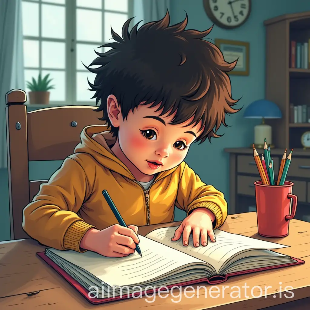 child who does their homework in a comic book