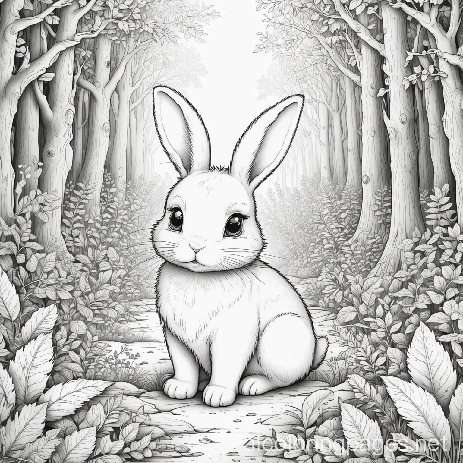 a bunny in a magical forrest, Coloring Page, black and white, line art, white background, Simplicity, Ample White Space. The background of the coloring page is plain white to make it easy for young children to color within the lines. The outlines of all the subjects are easy to distinguish, making it simple for kids to color without too much difficulty