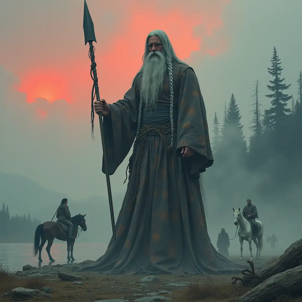 Mega metal titanfrau, 15 meters tall old-fashioned, with patterned costume, long grey bearded hair in braids at the lake, dead trees, giant snake spear, horses red sky, strong fog with many people