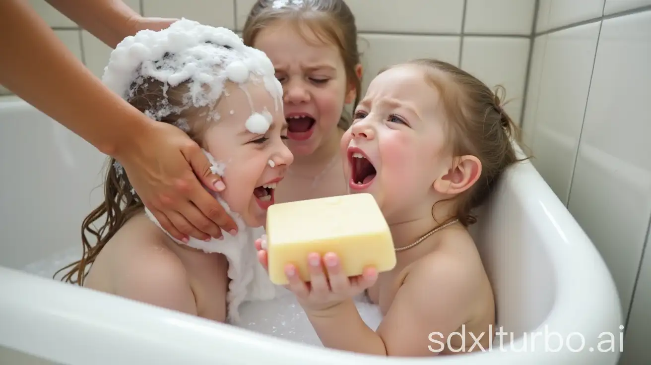 Mother-Cleaning-Three-Little-Girls-Hair-in-a-Bathtub-with-Ivory-Soap