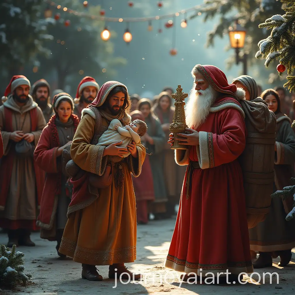People-Singing-Christmas-Carols-with-Santa-Claus-Child-Jesus-Statue-and-Petrol-Max