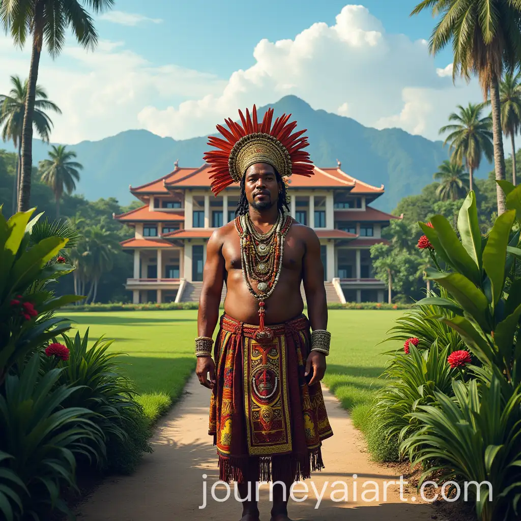 Modern-Papuan-Monarch-in-Traditional-Regalia-with-Tropical-Landscape