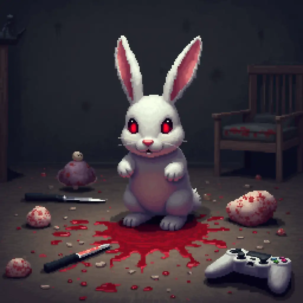 Describe a pixelated artwork featuring a rabbit with red eyes, surrounded by a scene that appears to be gruesome or violent, with blood and meat scattered on the floor, and nearby objects such as knives and poison mushrooms, also broken gamepads.