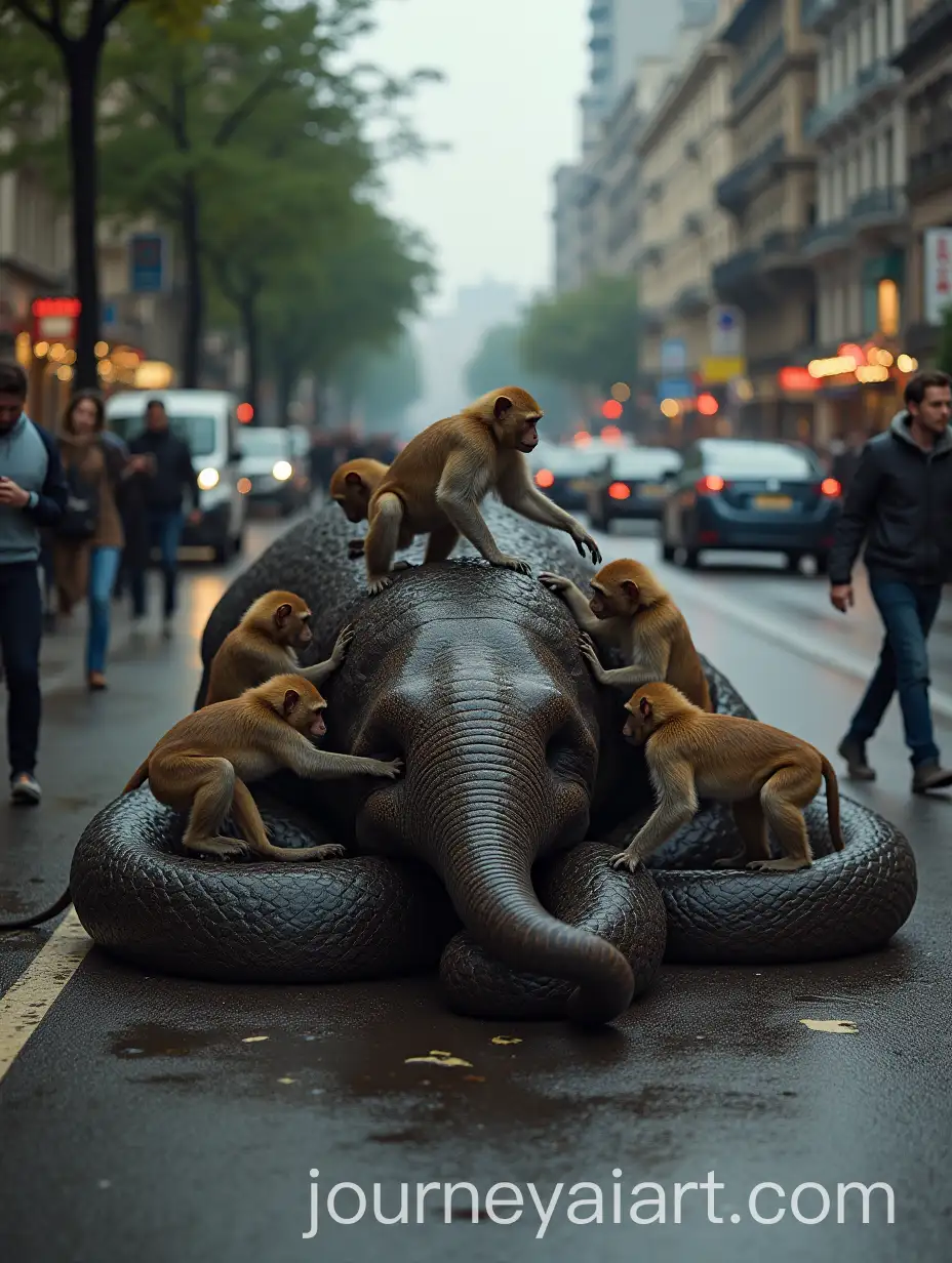 Elephant-Rescued-by-Monkeys-from-Snake-in-Busy-City-Street