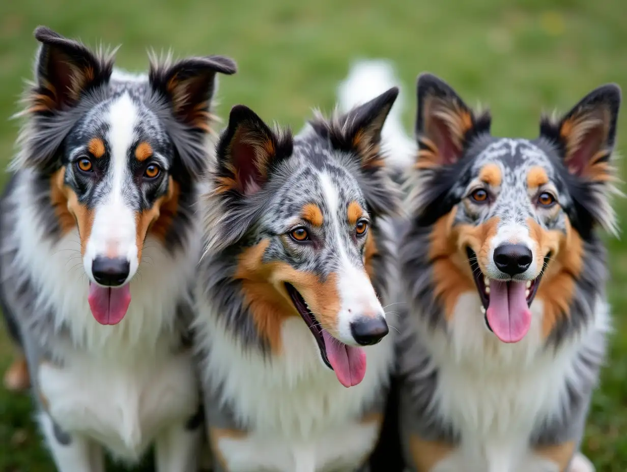 A group of grey spotted Collies with a long, thin nose, big eyes and open mouth