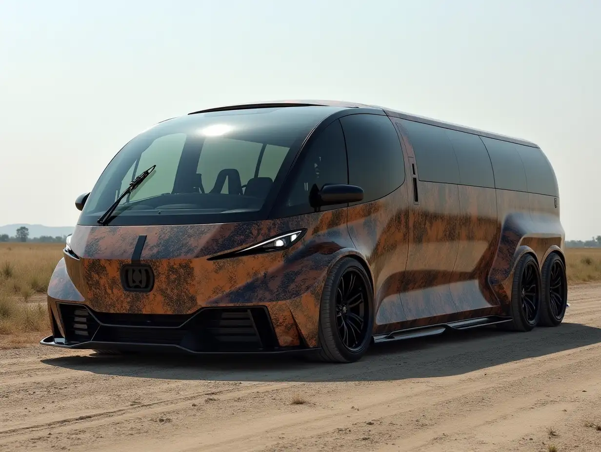 a supermodern utopian sportsomnibus with lowered bodywork, Predator Aluminum wheels, wide tires, brown and black camouflage pattern, Science-Fiction