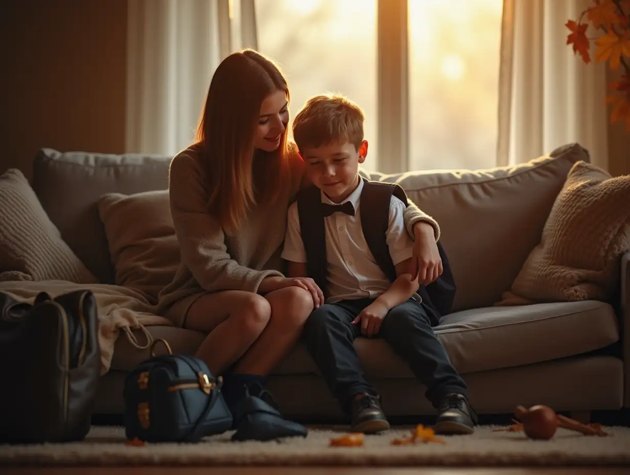 Boy-and-Parent-Sharing-a-Quiet-Moment-After-School-in-Autumn-Light