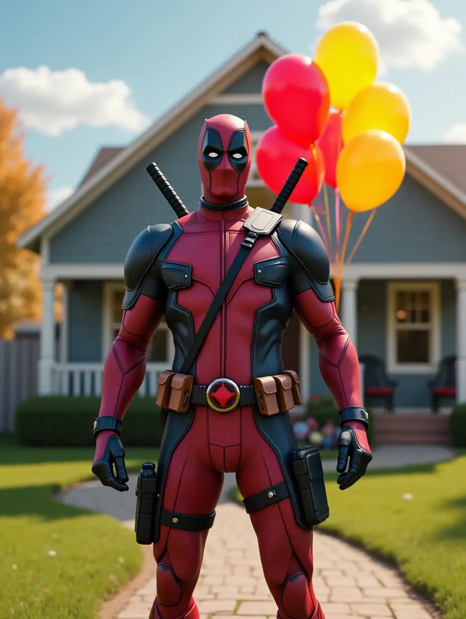 A highly detailed, ultra-realistic 3D render of a masked superhero Deadpool , standing confidently in front of a suburban house with a bunch of red and yellow balloons. The character has two katanas strapped to their back, a utility belt, and holsters on their thighs. The lighting is cinematic, with soft shadows and warm tones. The image is rendered in 4K resolution with high detail, including fabric textures, realistic reflections on armor, and vibrant balloon colors. The background features a cozy home with a neatly trimmed lawn, a pathway, and a clear blue sky with some clouds.