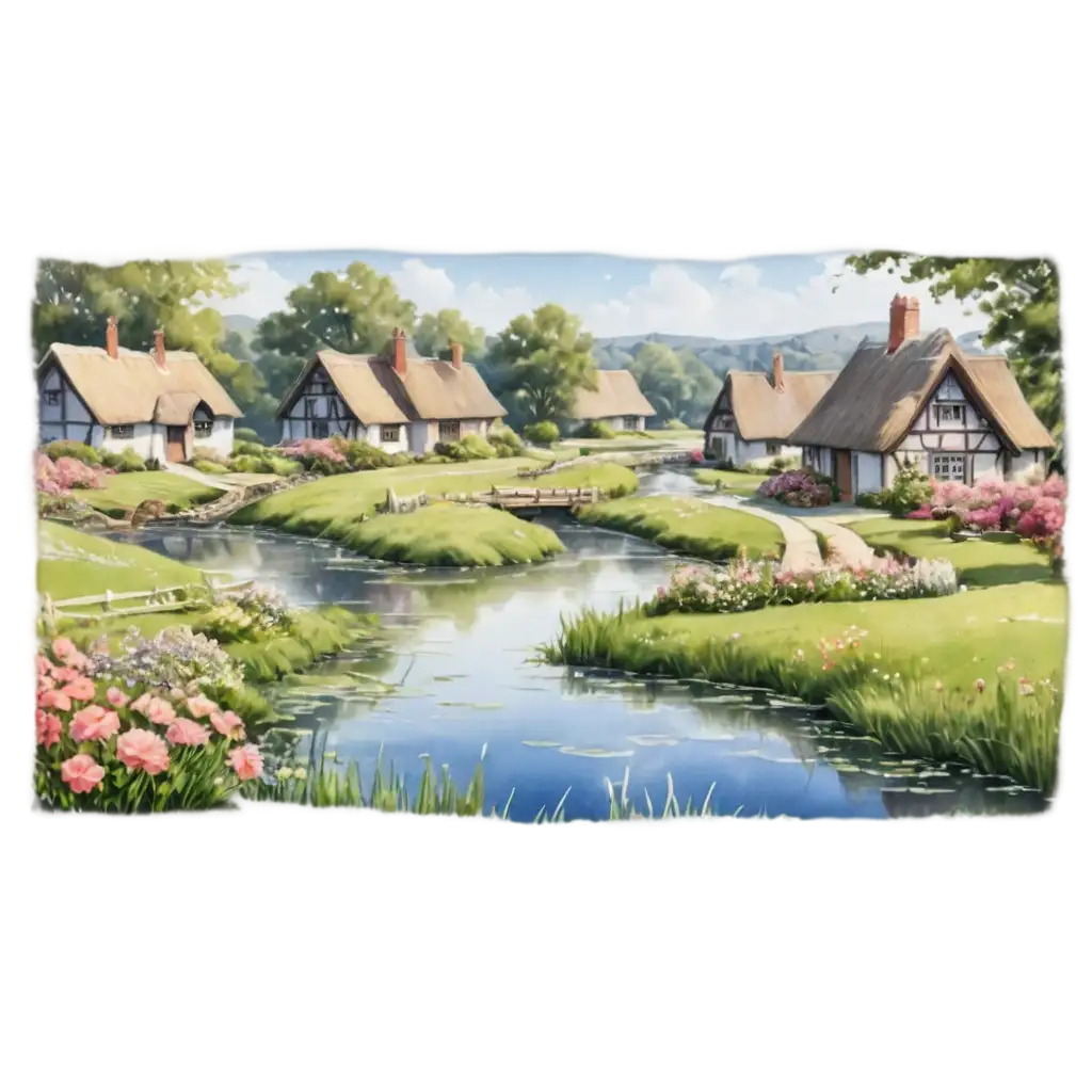 Tranquil-Pastoral-Countryside-Scene-in-PNG-Format-Thatched-Cottages-River-Pastures-and-Flower-Fields