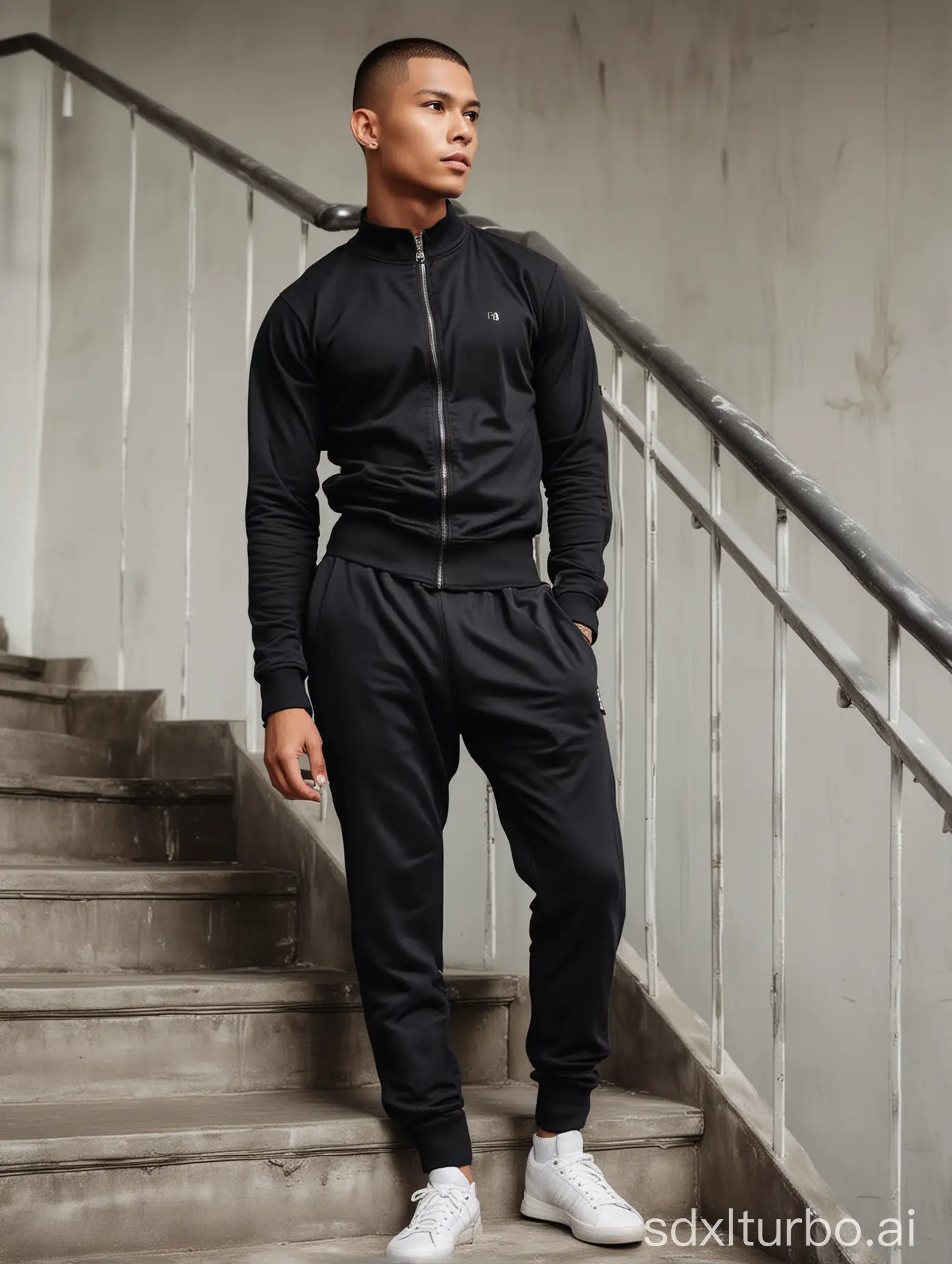 A charming Indonesian man with buzz cut hair in black long-sleeved sportswear, paired with high-waist black pants and white sneakers, stands on the stairs of an elegant fitness center. He is captured from head to toe in the style of professional photography for a fashion magazine photoshoot. The photo captures various elegant poses of his entire body, showcasing his athletic physique and stylish outfit. His confident expression conveys elegance while he poses gracefully against an empty white building.