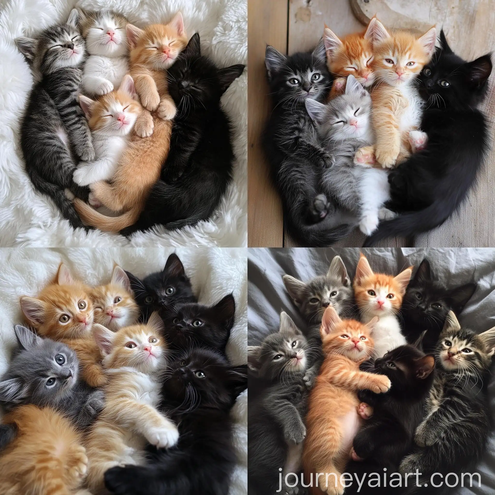 Six-Kittens-Lying-Together-Gray-Orange-with-White-Fluffy-SiameseColored-Ginger-Black-and-Black-White