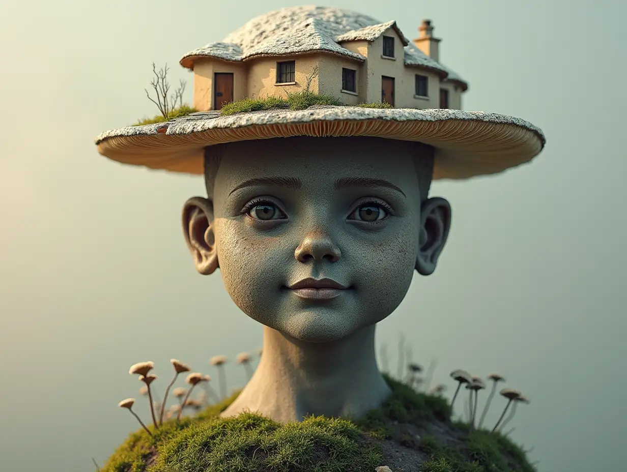 Face transformed into a building on a mushroom